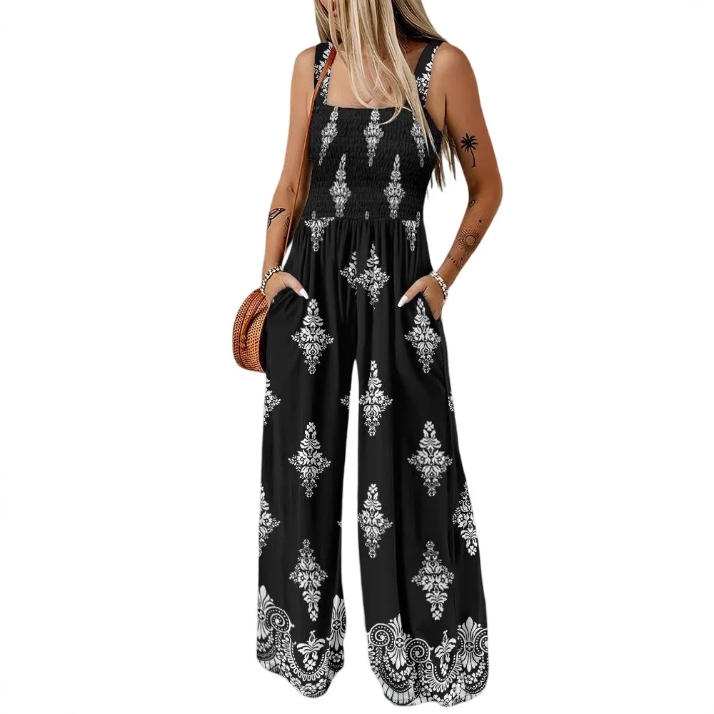 Women Loose Pants Graphic Print Square Neck Thick Strap Shirred Jumpsuit Wide Leg Overalls with Pockets