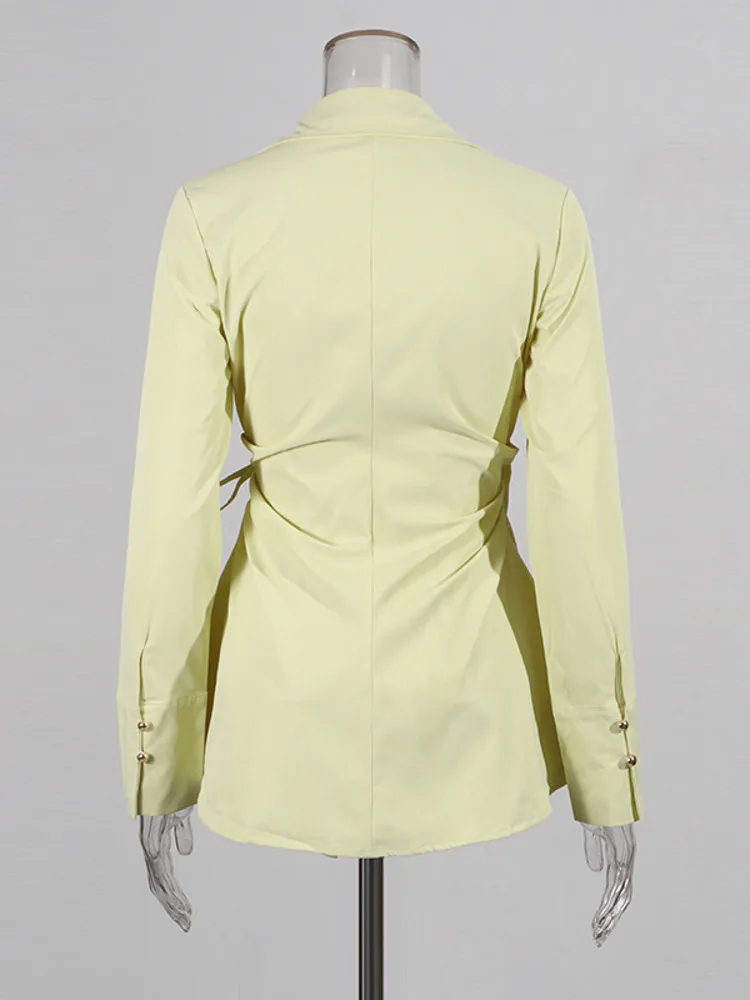 ZMEENNA المرأة غير المتماثلة التفاف بلوزة التعادل الخصر قميص غير رسمي بأكمام طويلة الخامس الرقبة بلون تونك ZM3941