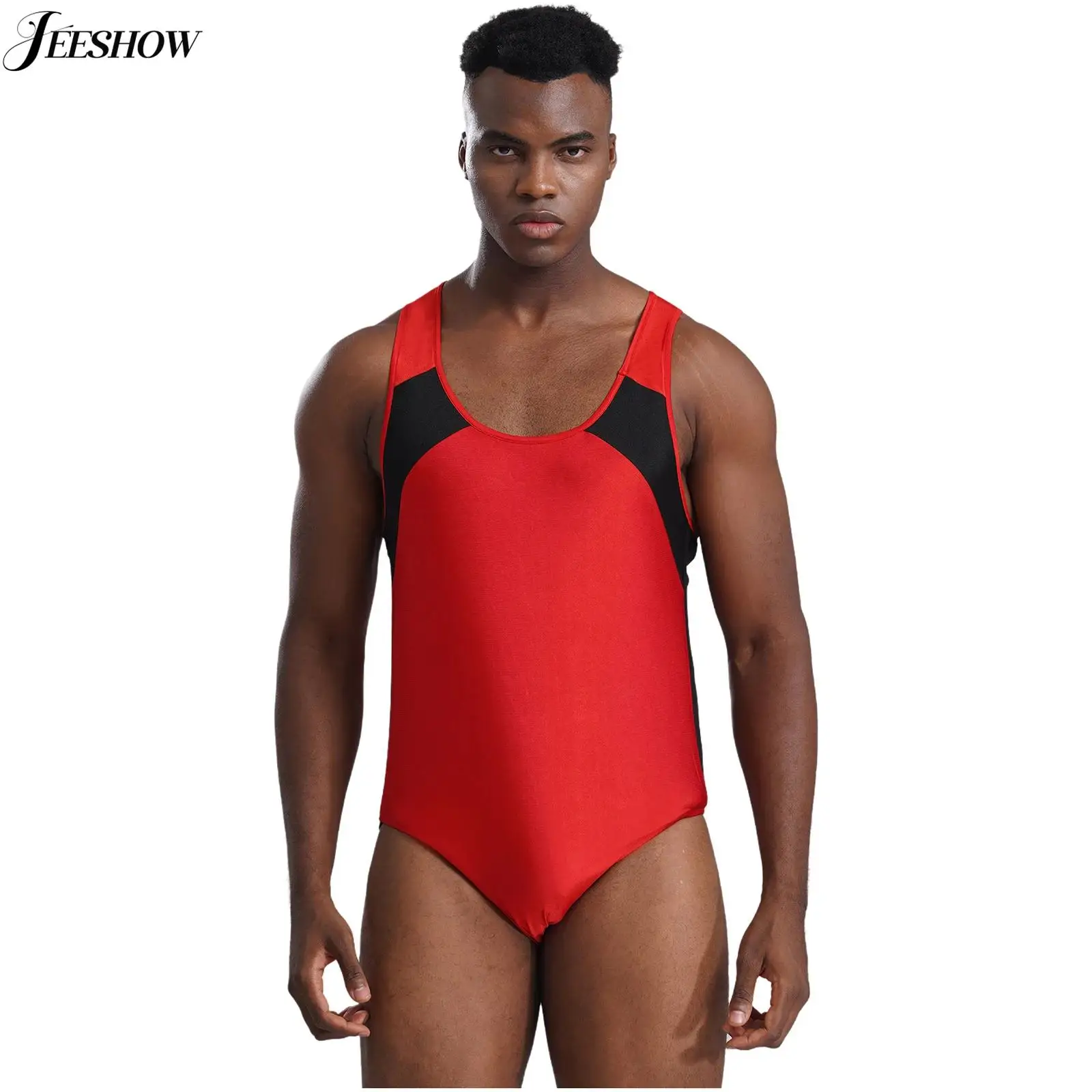 Mens U Neck Sleeveless Athletic Leotard Contrast Color High Cut Tank Bodysuit Gymnastics Fitness Wrestling Singlet Shapewear