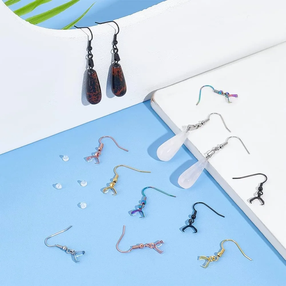 About 50Pcs 5 Colors 304 Stainless Steel Earring Hooks with Pendant Pinch Bails Hypoallergenic Ear Wire Fish Hooks with 50Pcs