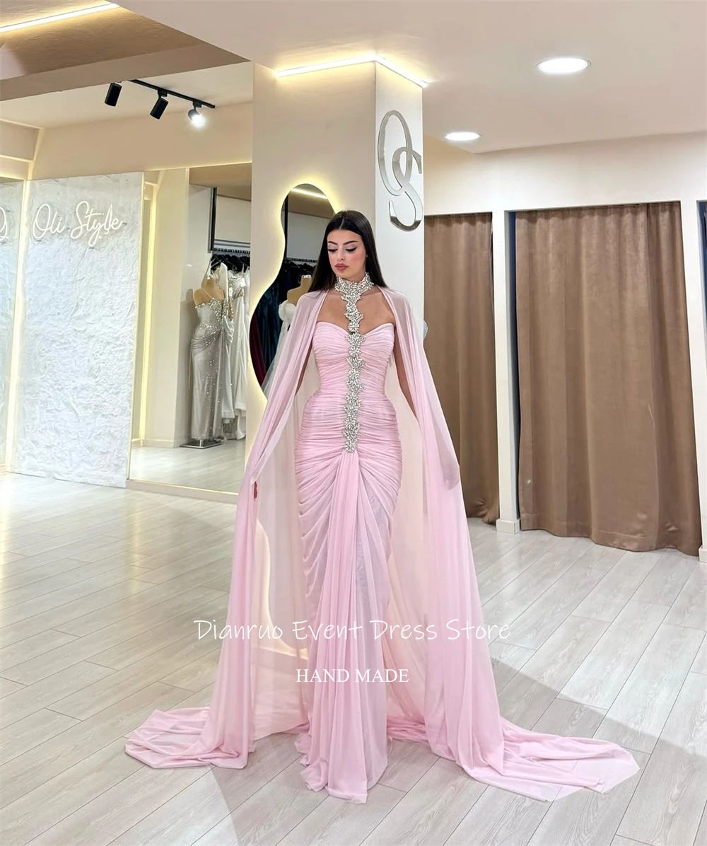 Dianruo ロマンチックなピンクのイブニングドレスキラキラビーズ付き Vestidos De Festa シフォンケープスタイルマーメイドローブ・ド・ソワレカスタマイズ