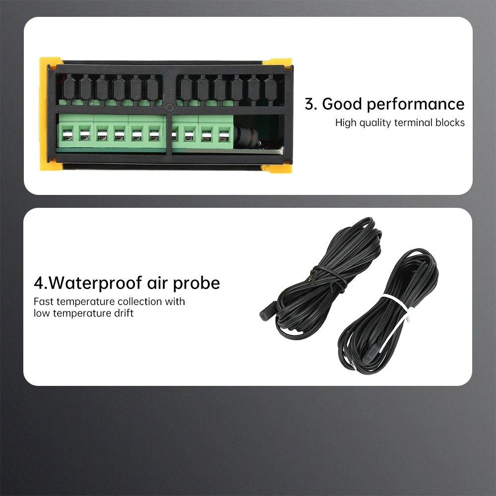 DC 12V/24V AC 110V/220V ตัวควบคุมอุณหภูมิ -50~110 ℃   ตัวควบคุมอุณหภูมิคอมเพรสเซอร์/ฟรอสต์/พัดลม 3 in 1 พร้อมหัววัดกันน้ํา