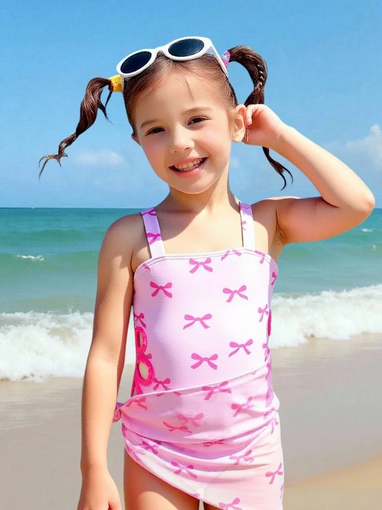 

One Piece Girls Kids Swimsuit 2026 New Pink Bow Tie Print Sling Children Swimwear Summer Beach Cover Up Bathing Suits Swimming