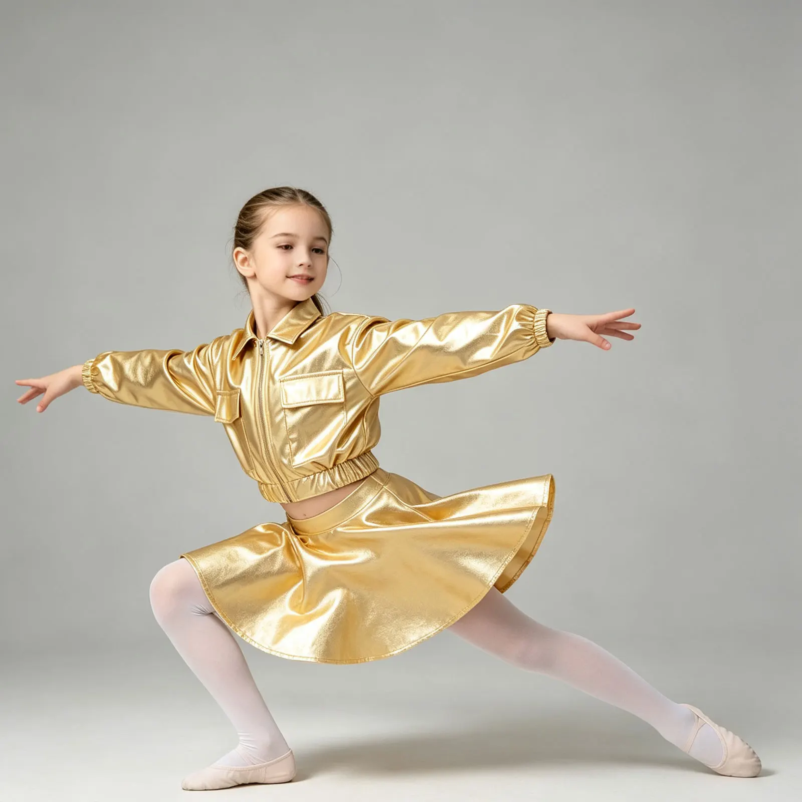 Kids Girls Metallic Outfit Turn-down Long Sleeve Zipper Jacket with Flared A-line Skirt Hip-hop Jazz Dance Wear Streetwear
