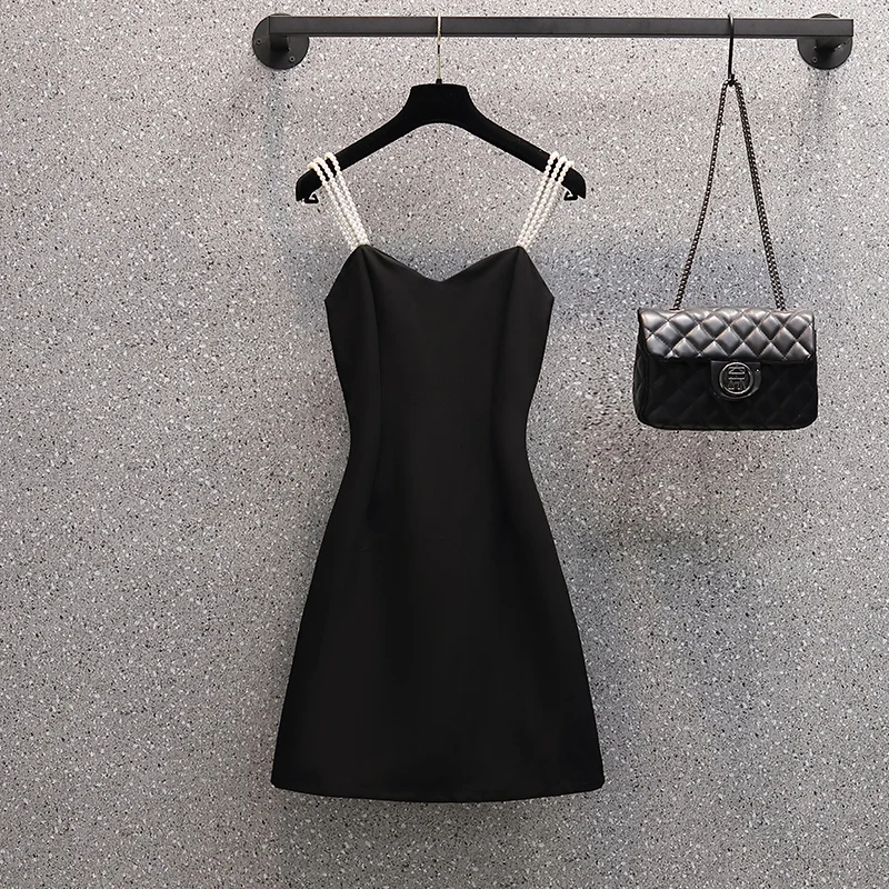 Plus Size Women Sleeveless Pearl Slip Black Party Dress Women 2022 Summer V Neck Elegant Sexy Mini Sundress Female Luxury Cloth