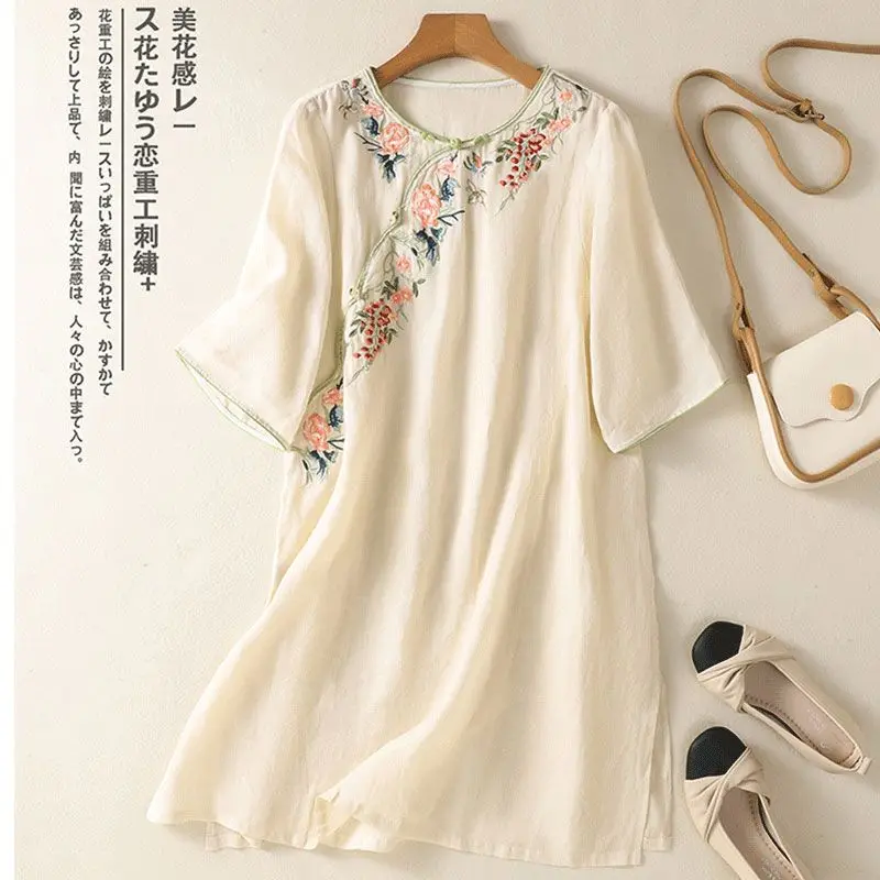 Retro Sommer Neue Chinesische Stil Hochwertige Gestickte Top Kleid Temperament Zen Tee Kleidung Hemd Rock Weiblichen Ethnischen Stil