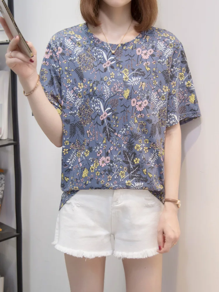 

L-4XL Large Size Cotton Basic T-shirt Women Summer Casual Loose Vintage Floral Print Tees Tops Short Sleeve Oversize Tshirt 2023