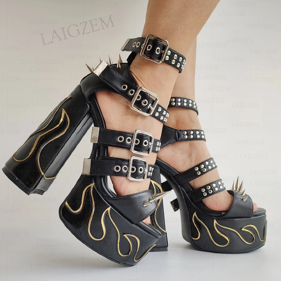 LAIGZEM Women Sandals Studded Buckle Straps Fire Thick Square High Heels Sandals Party Pumps Shoes Woman Large Size 38 41 43 47