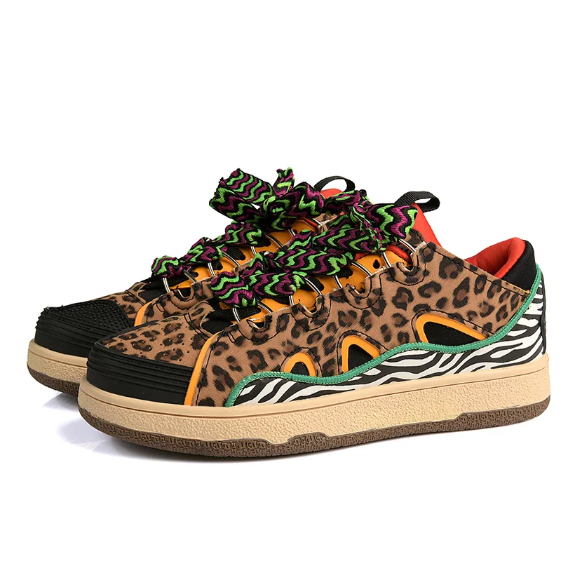 

Trendy Leopard Print Sneakers with Colorful Laces, Stylish Streetwear Casual Shoes for Men/Women, Fashion Forward Footwear