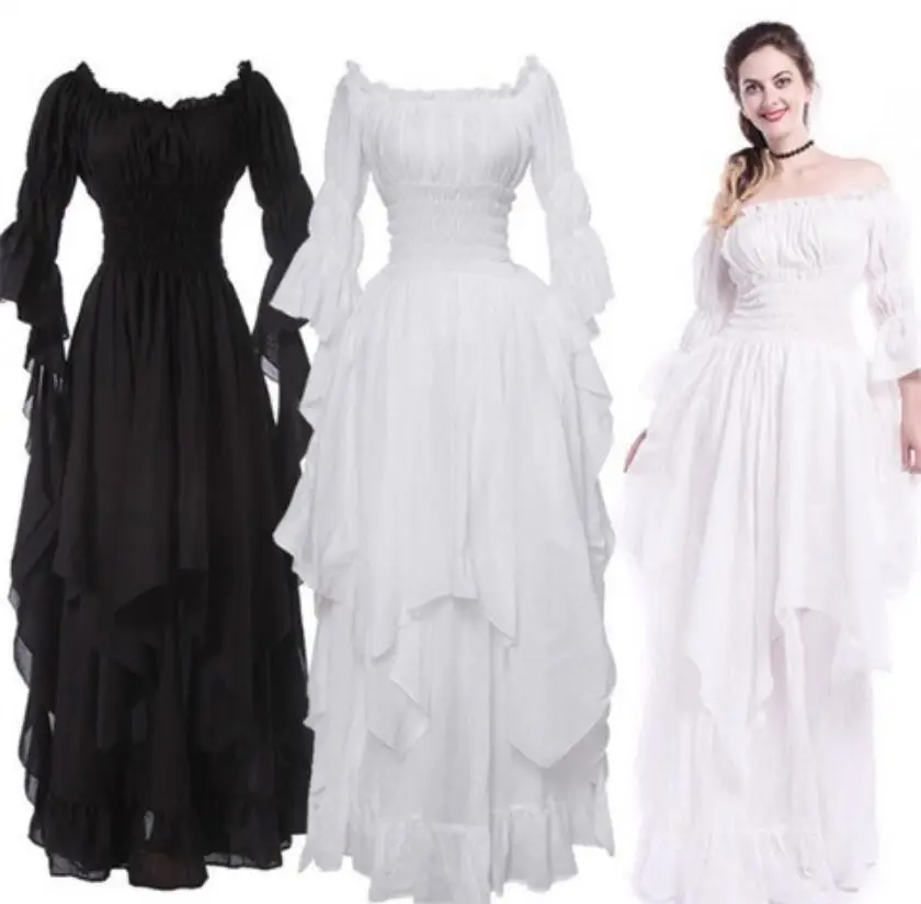 

Vintage Victorian Off Shoulder Layers Dresses Medieval Black Gothic Lolita Cosplay Costume Renaissance White Princess Vestido