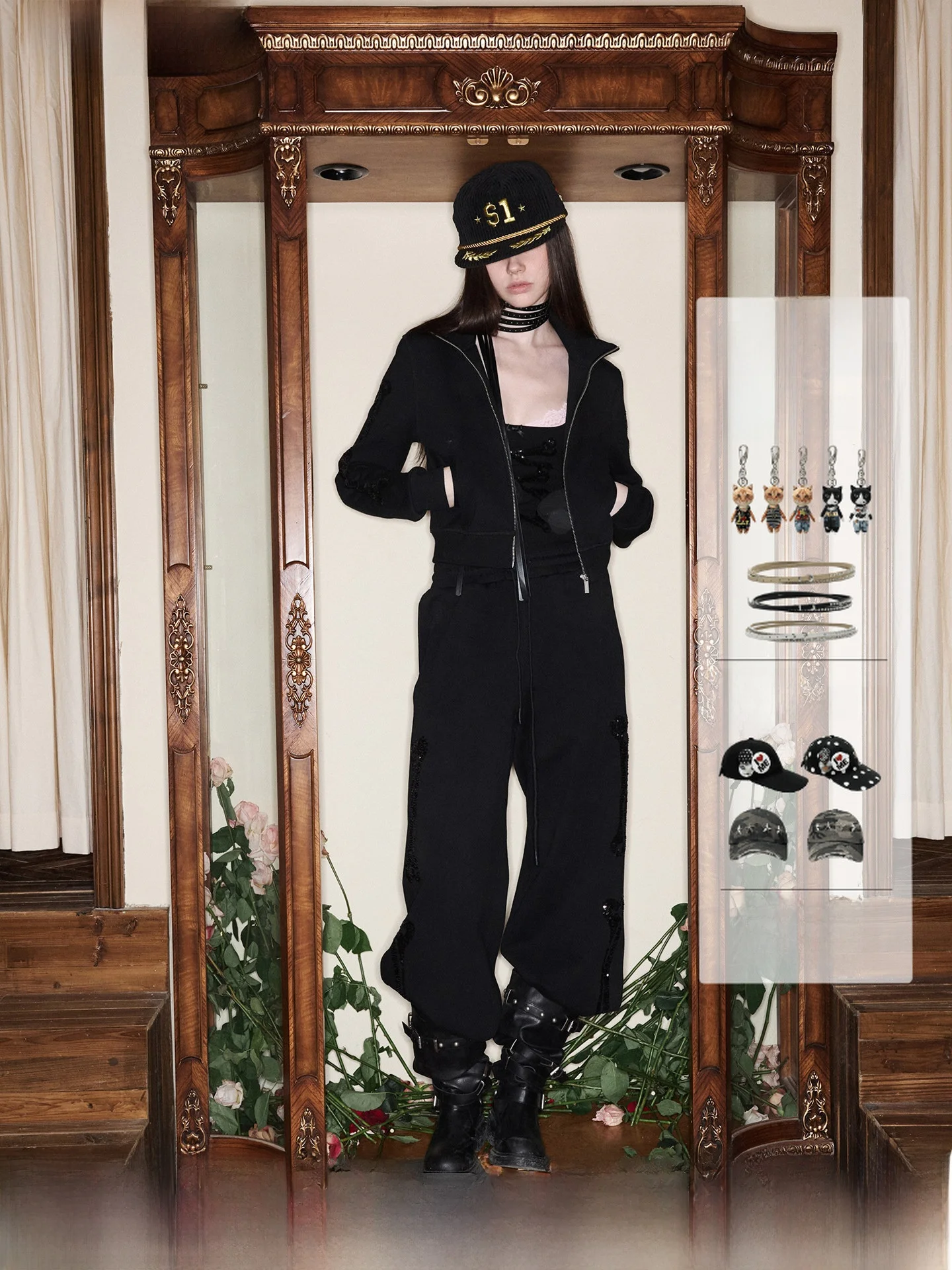 

JINN STUDIO Retro Bone Bead Embroidery ort Hoodie Jaet Women Casual Spor Sweatpants Set Stand Fit Cotton Long Sv...