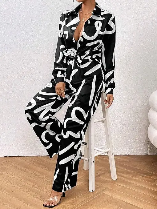 Set da due pezzi con stampa pendolare alla moda Set da donna con risvolto ampio monopetto camicia a maniche lunghe elastico in vita pantaloni dritti
