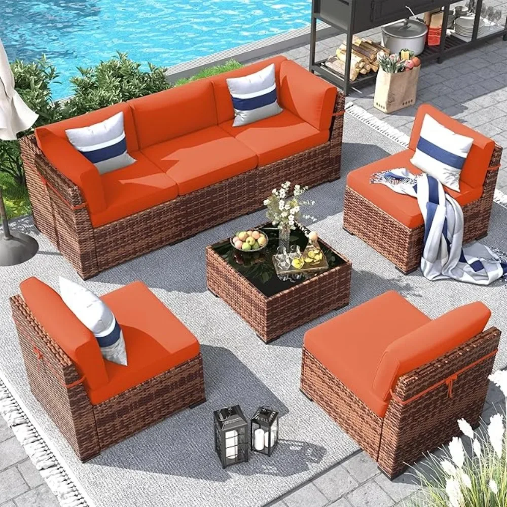 

7 Pieces Outdoor Modular Conversation Set Wicker Sectional Sofa for All Weather Rattan Patio Couch, Garden Furniture Sets