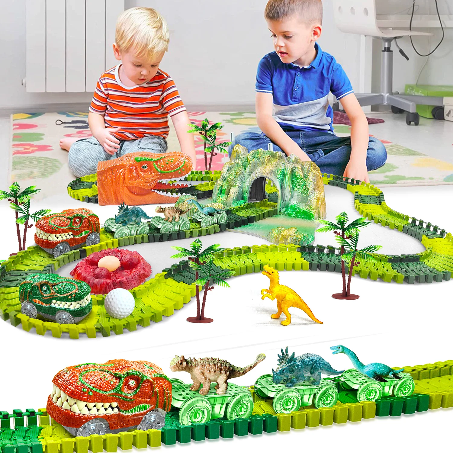 Dinozor oyuncak trenler bir dinozor dünya yol yarış-esnek parça Playset oluşturmak, dinozorlar oyuncaklar eski erkek kızlar için yarış arabası