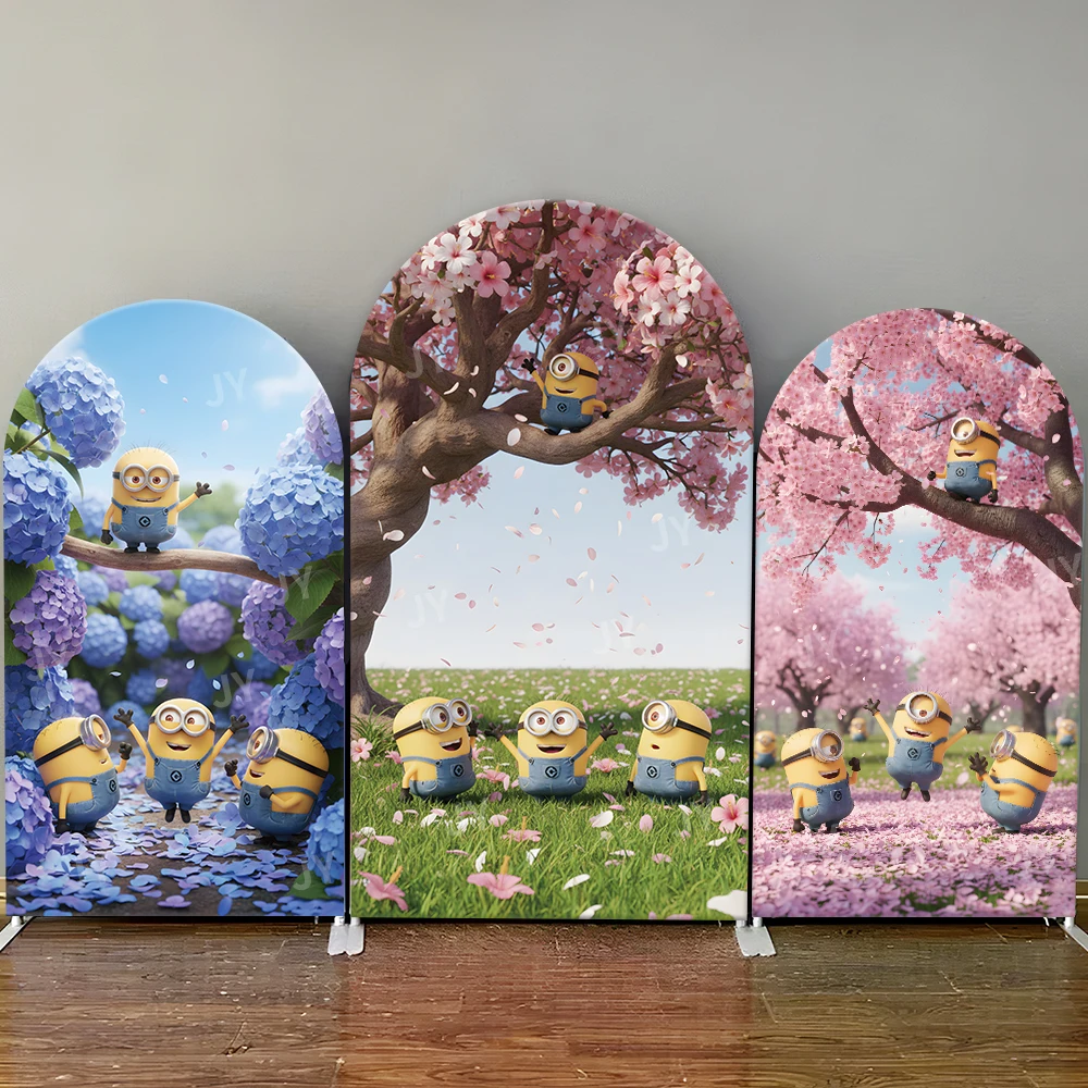 

Spring Minions Arch Backdrop Cover Cherry Blossom Themed Backdrop for Kids Birthday Garden Party Photo Booth Event