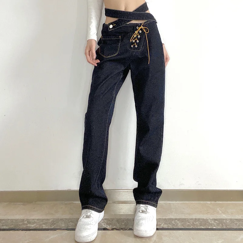 New Women's Street Fashion Cross Button Lace-up Hollow Waist Wide Loose Long Wide-leg Casual Jeans 2022 Autumn and Winter