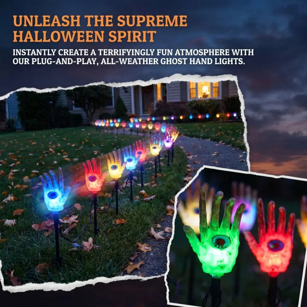 Waterproof Solar String Lights Ghost Hand Design Skeleton Palm Shape LED String Lights Ground Plug Copper Wire Fairy Lights
