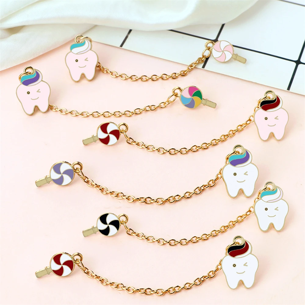 Funny Cartoon Protect Teeth Brooch Eating Lollipop Cause Tooth Decay Enamel Pin Cute Chain Badge Bag Lapel Jewelry Gift for Kids