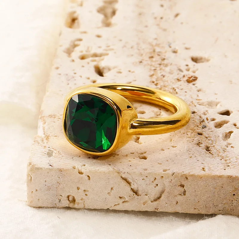 Exquisite Multicolor Square Zircon Finger Ring Shiny Crystal PVD Gold Plated Engagement Waterproof Кольцо Женское Gift