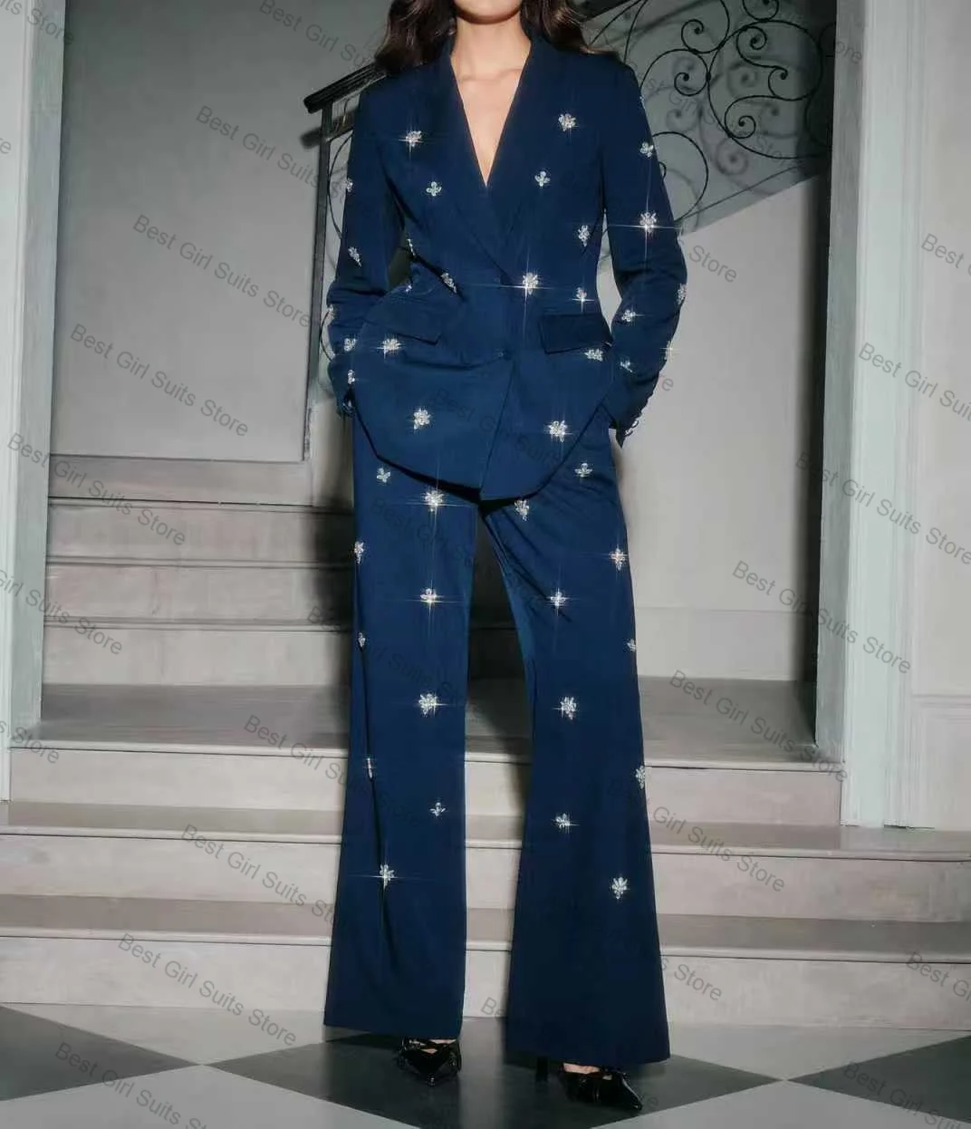 Luxuriöser Damen-Anzug-Set mit Kristallen, 2-teilig, Blazer + Hose, Hose, Perlen, formelle Büro-Damenjacke, maßgeschneiderter Hochzeitsmantel aus Baumwolle