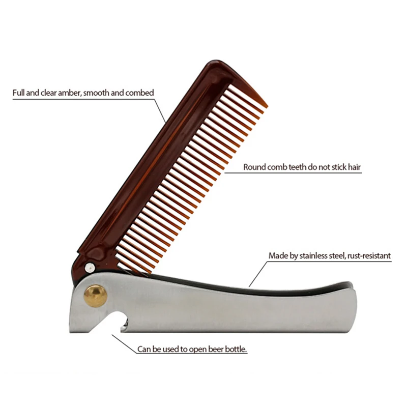 Man Folding Beard Comb Stainless Steel Handle Travel Hairdressing Comb Bottle Opener Anti Static Hair Styling Tool For Combing