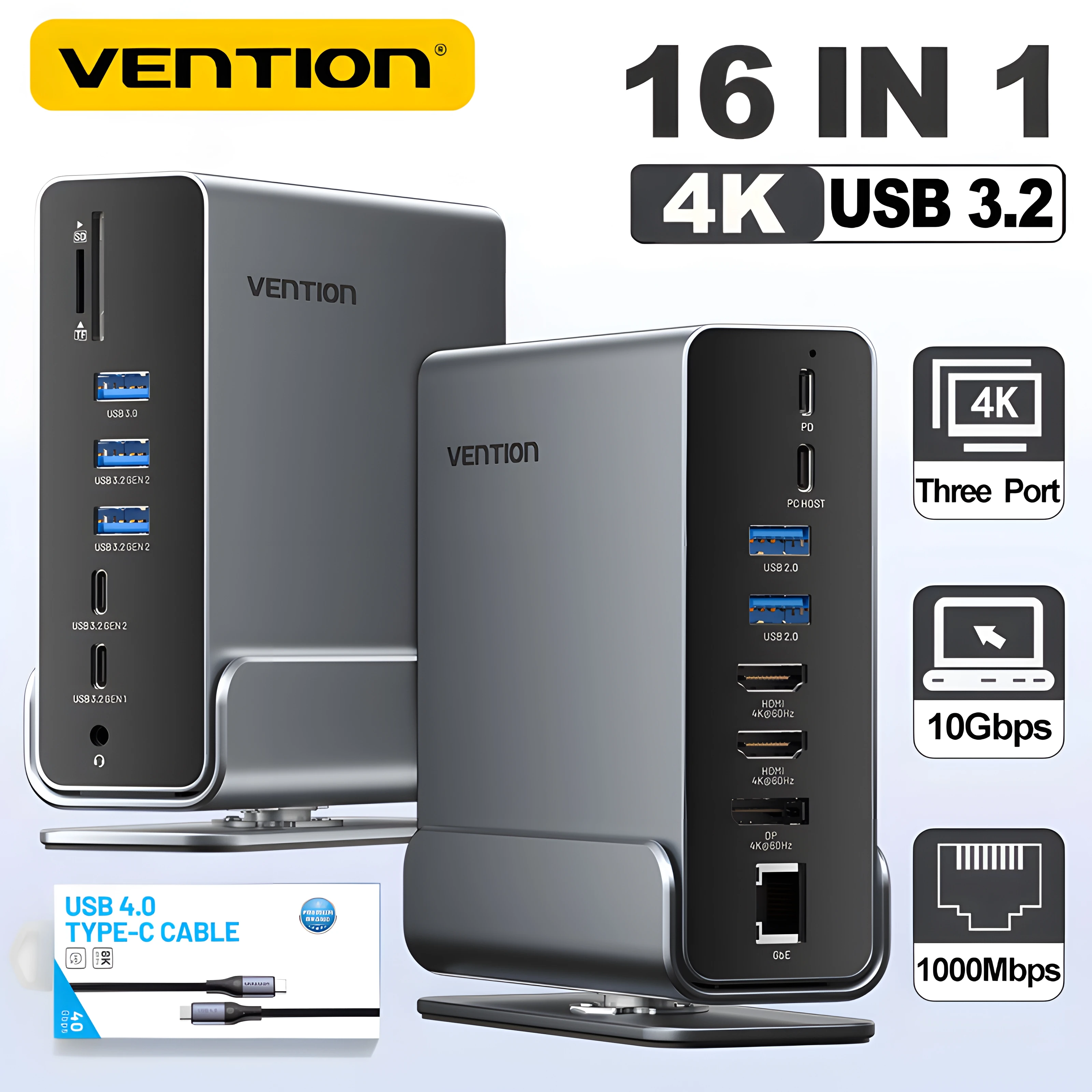 

Vention 16 in 1 USB C Docking Station 4K HDMI Triple Monitor Hub USB 3.2 10Gbps RJ45 1000M 100W for Windows PC Laptop HP MacBook