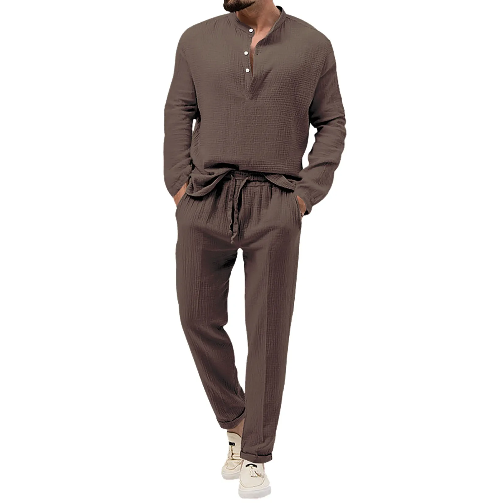 Men Shirt Trousers Fashion Casual Solid Color V Neck Long Sleeve Half Buton T Shirt And Loose Tracksuit 2 Piece Set Sweatsuit