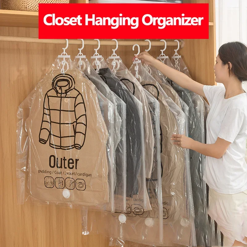 Vacuum Hanging Storage Bags Space Saving Clothes Compression Covers Reusable Closet Bag For Down