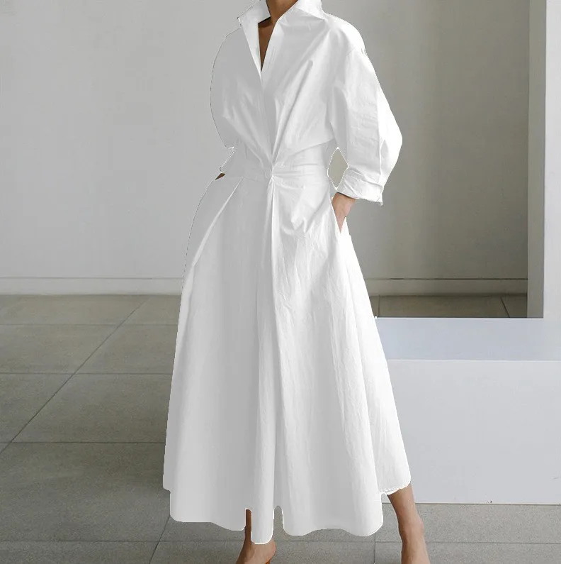 

Women Summer Long Dresses 2025 Spring Fall Clothes Blue Puff Sleeves Botton Simple Casual Maxi Shirts Dresses for Women