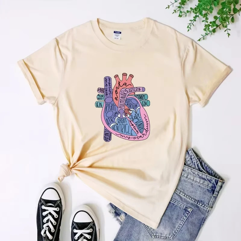 الملونة التشريحية القلب تي شيرت Camiseta وقح المرأة الجرافيك التشريح التي شيرت تنفس قمم