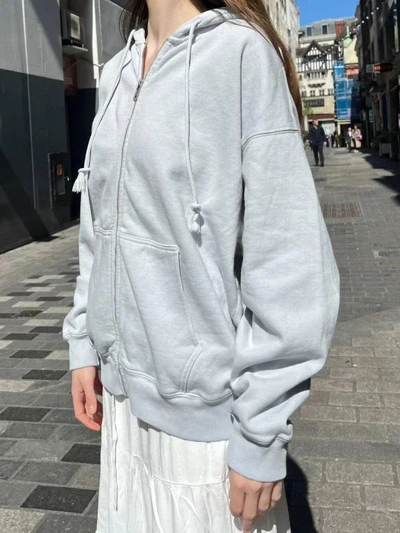 Women Blue Simple Oversized Hoodie Autumn Pocket Cotton Drawstring Hooded Sweatshirt Female Streetwear Solid Zip-up Sweatshirts