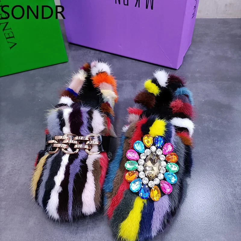 Womens Real Mink Fur Rainbow Colors Loafers Rhinestones Crystal Chain Flats Shoes 5Colors  New 2024