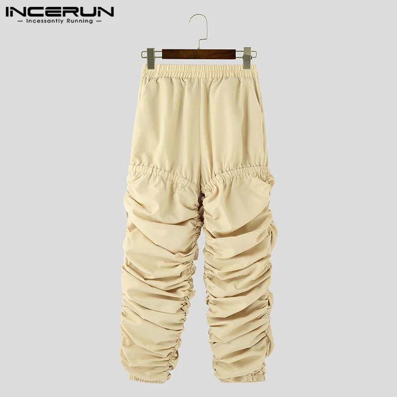 INCERUN เสื้อกันหนาว 2025 สไตล์อเมริกันกางเกงสไตล์ผู้ชาย Deconstruct จีบ Contrast สีกางเกง Casual Streetwear ชาย Pantalons