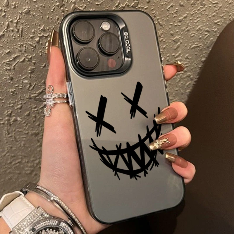 Smiling Devil Print Electroplate Silver IMD Phone Case For iPhone 15 14 13 12 11 Pro Max 7 8 Plus X XR Shockproof Hard Cover