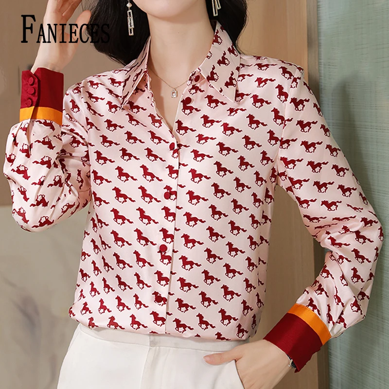 FANIECES Luxury Design Women Shirt Red Horse Print Vintage Satin Blouses Autumn Long Sleeve Lapel Elegant OL Shirts Camisas