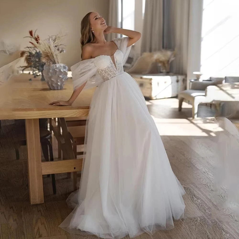 

Beautiful A-Line Women Wedding Dresses Off Shoulder Princess Prom Sparkling Bridal Gowns Sleeveless Vestidos De Noche Customized