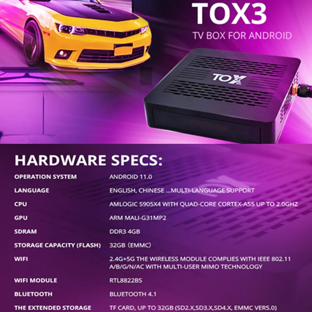 Original TOX3 TV Box Amlogic S905X4 Android11 4GB RAM 32GB ROM BT AV1 1000M LAN 2T2R Wifi 2.4G&5G HDR Media Player Set Top Box