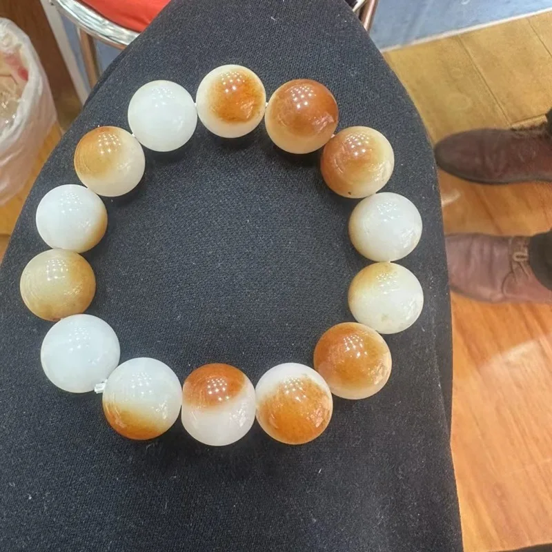 

Natural Gold Silk Round Bead Single Circle Qie Mo Bracelet Sugar Hetian White Jade Color Unisex Bracel