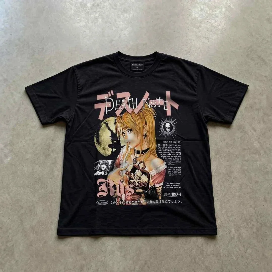 Trendy Vintage Death Note Print Oversized Loose Short-sleeved Cotton Men's and Women's Matching Casual Round-neck Top