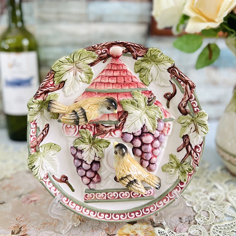 

French Country Ceramic Decor Plate Grape Wall Plaque & Floral Pitcher with Vase Farmhouse Hanging Plate for Kitchen Decor