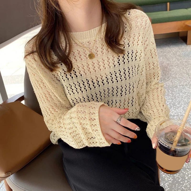 BIGSWEETY Women O-Neck Loose Casual Shirt Hollow Out Beach Top Knit Long Sleeve Tees See-through Crop Top Spring Summer