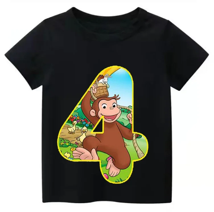 New Curious George Funny Monkey Print Cartoon Boys Clothes  2 3 4 5 6 7 8 9 Years Birthday Number Kids T shirt Tops