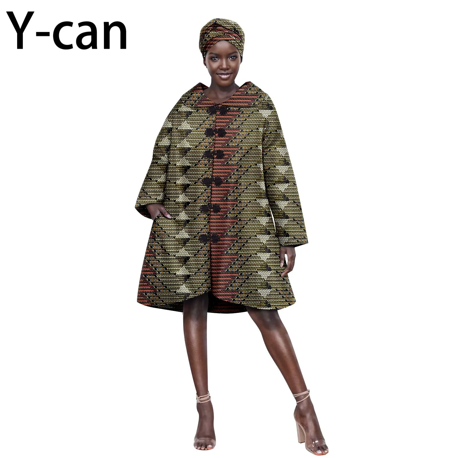 Dashiki Ankara Print African Women Coat Single-Breasted Women Coat Dress with Headscarf Traditional African Clothing 2424009