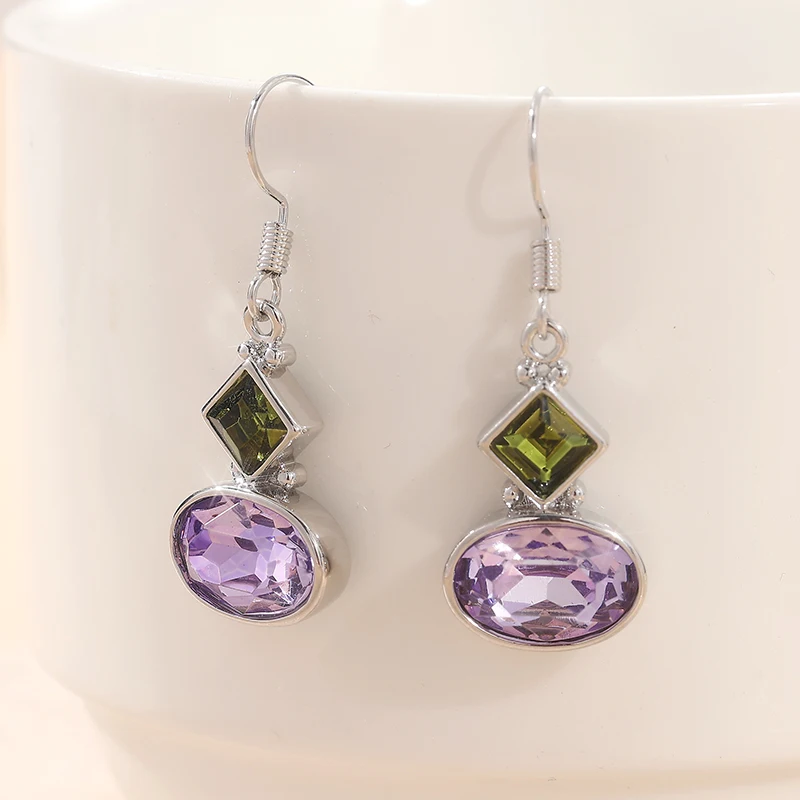 Modische versilberte Anhänger-Ohrringe für Damen, geometrische Amethyst-Ohrringe, zarter, schlichter Ohrschmuck
