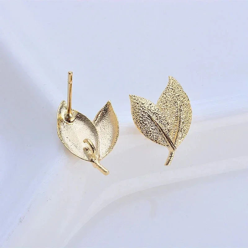 New 14x10MM 14K Gold Color Plated Brass Tree Leaf Leaves Stud Earrings High Quality Jewelry Making Supplies Diy Accessories