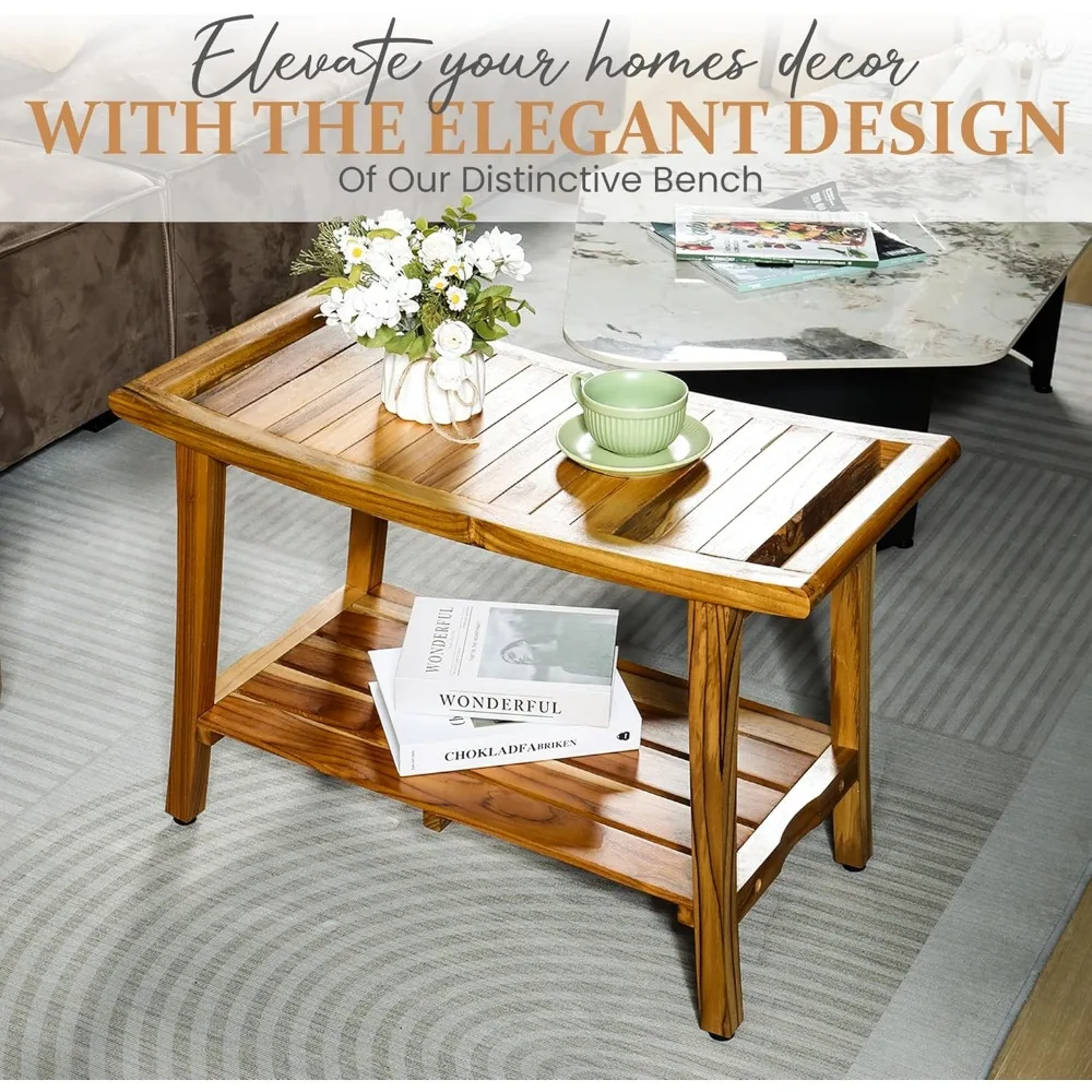 مقعد استحمام أنيق من خشب الساج مع رف مدمج ومقابض سهلة الإمساك