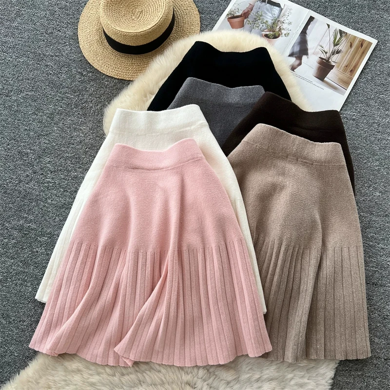 Damen-Strick-Minirock mit hoher Taille, plissierter Swing-Rock, Herbst-Winter, warm, weich, A-Linien-Rock, Damen-Freizeitkleidung, Alltagsbekleidung, Unterteil 644 – Detail 1