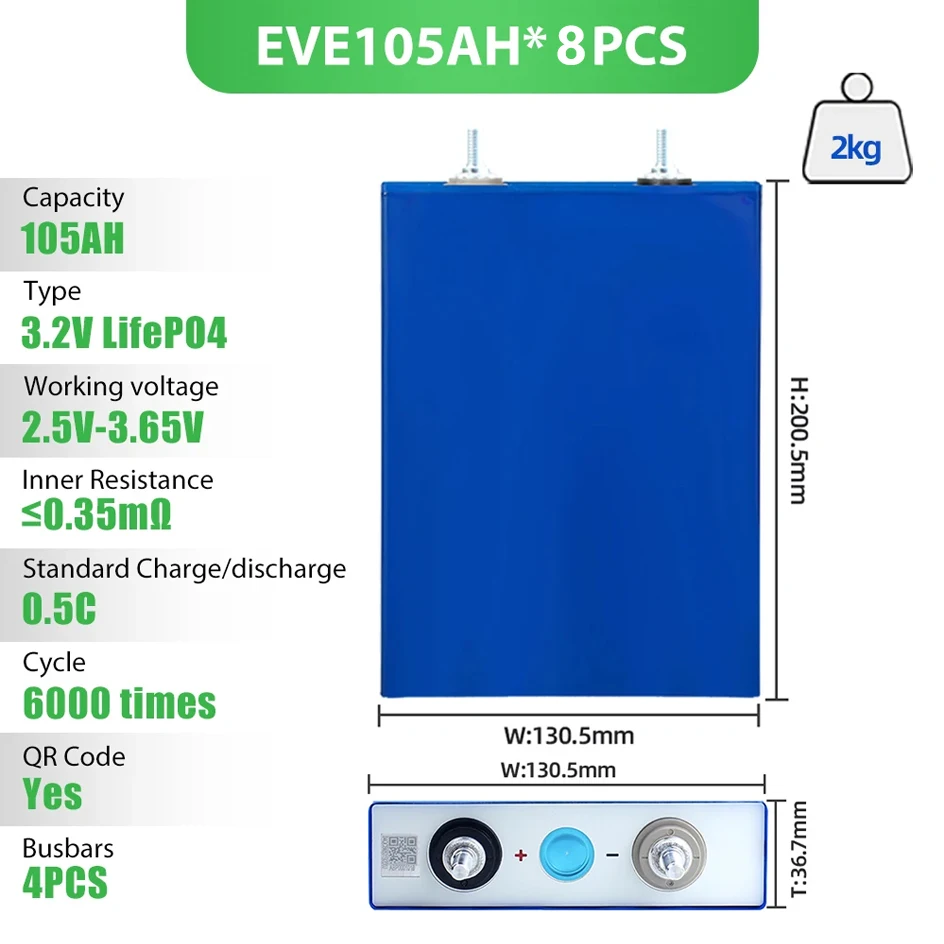 Células de bateria lifepo4, 3.2v, 105ah, 8 peças, 0.35Ω, código qr com barras de ônibus gratuitas para casa, faça você mesmo, 12v, 24v, 48v, bateria de lítio pl ua, estoque