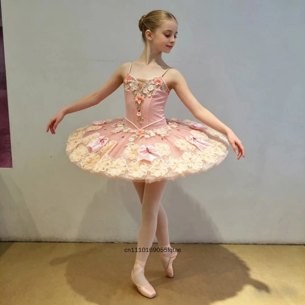 Girls Fairy Peach Tutu Skirt Professional Ballet Dance Dress Kids Performance Costume Stage Show Clothes For Dance Studio Recita