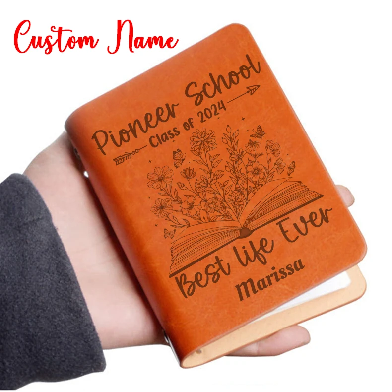 

Pocket Leather Journal A7 JW Pioneer School Notebook Personalized With Name And Botanicals Small Note Pad Customized Text Logo